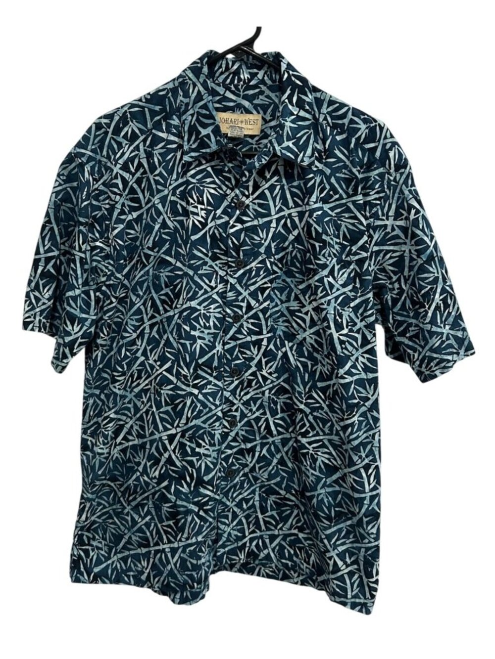 Johari West Large Mens Blue Leaf Print Button Front Hawaiian Shirt Retro